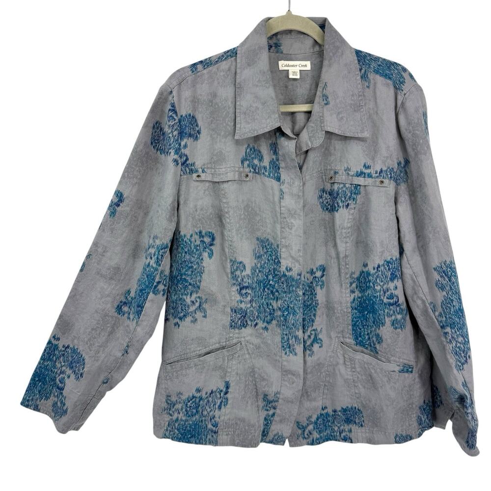 Coldwater Creek 20W Linen Shacket Blue Gray Watercolor Snap Shirt Jacket Boho - Picture 2 of 13